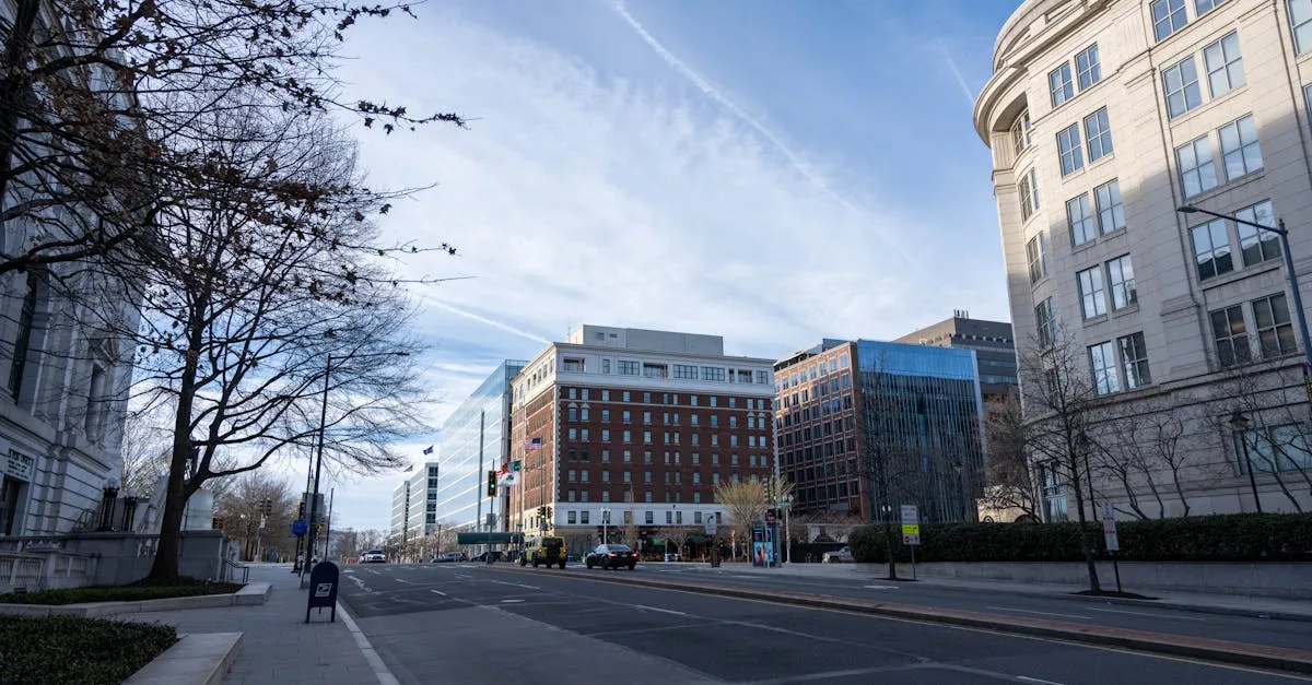 Scenic view of a street in Washington D.C. featuring modern and historic buildings under a clear sky.