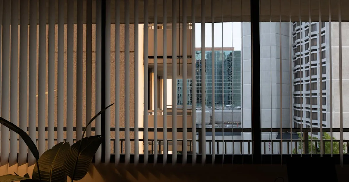 A minimalist view through blinds, showcasing urban architecture in Washington DC.